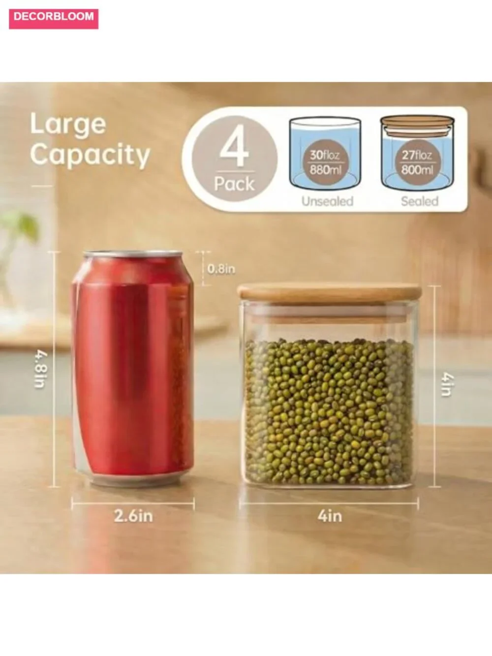27oz 4 Pack Square Glass Jars with Bamboo Lids Airtight Food Storage Containers